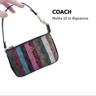 พร้อมส่ง แท้ 🇺🇸💯% New Coach มินิพอช NOLITA 15 IN SIGNATURE CANVAS WITH STRIPE PRINT (COACH C6021) GOLD/KHAKI MULTI