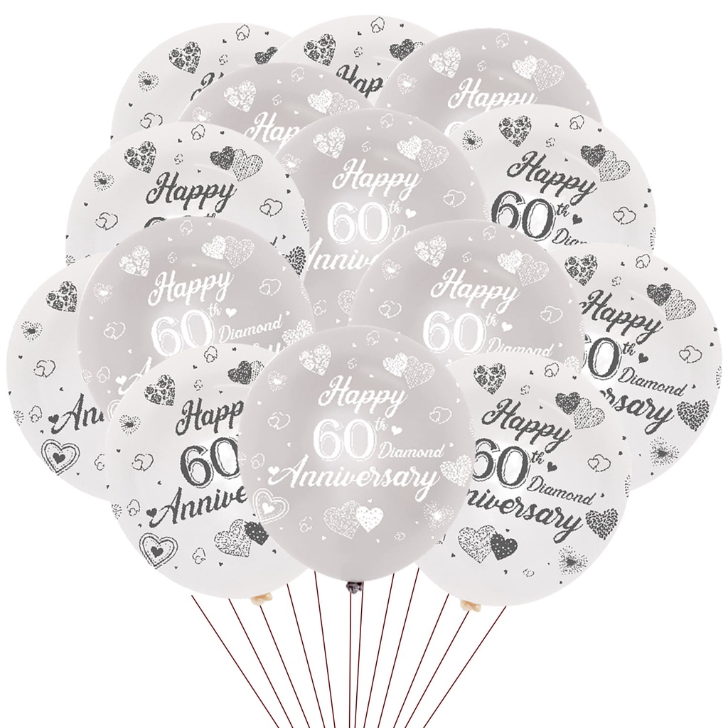 JOLLYBOOM 60th Anniversary ตกแต่ง, Happy 60th Diamond Anniversary Party, Silver และ White Latex บอลล
