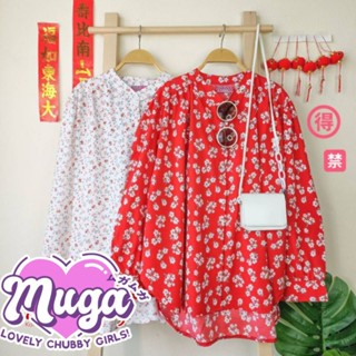 MG0044 เสื้อเชิ้ตคอจีน ไซส์ใหญ่ ลายดอกไม้ สีขาว สีแดง ตรุษจีน​เขิ้ตแขนยาว สาวอวบ