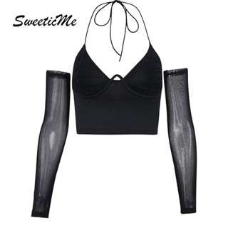 Sweeticme ใหม่ เสื้อกั๊กลําลอง แขนทรงสลิมฟิต เปิดหลัง สีพื้น แฟชั่นสําหรับสตรี 2023