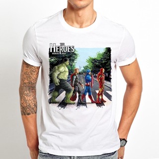 Superheros Avenger Hulk Iron Man Thor on Road Funny T-shirt Men Summer New White Casual Short Sleeve Rock Unisex T _03