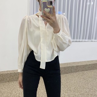 เสื้อแขนยาวผ้าใส่สบาย แต่งดีเทลช่วงคอ 🦢