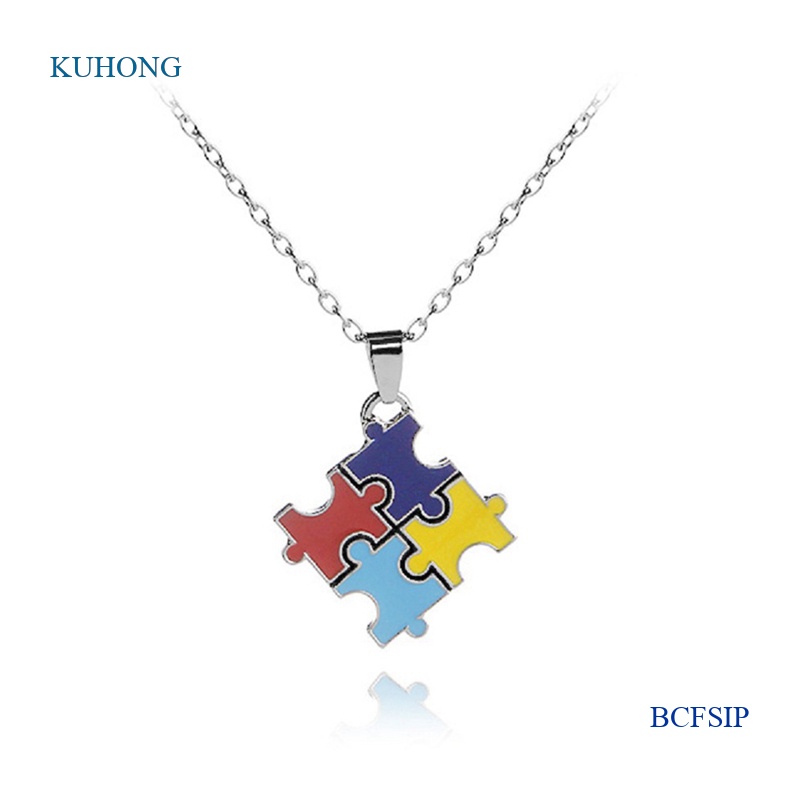 KUHONG 1 Pc Multi-Color ออทิสติกเย็บ Square Puzzle Chain สร้อยคอเครื่องประดับ