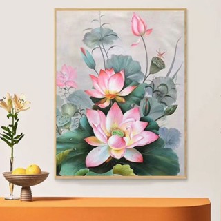 Nong Yang ถูกที่สุด ภาพระบายสีตามตัวเลขพร้อมส่ง DIY ภาพสีน้ำมันดิจิตัลระบายสีเร็ว/พร้อมโครงไม้/ธรรมชาติ ขนาด ดอกบัว " painting by number" 30*40cm