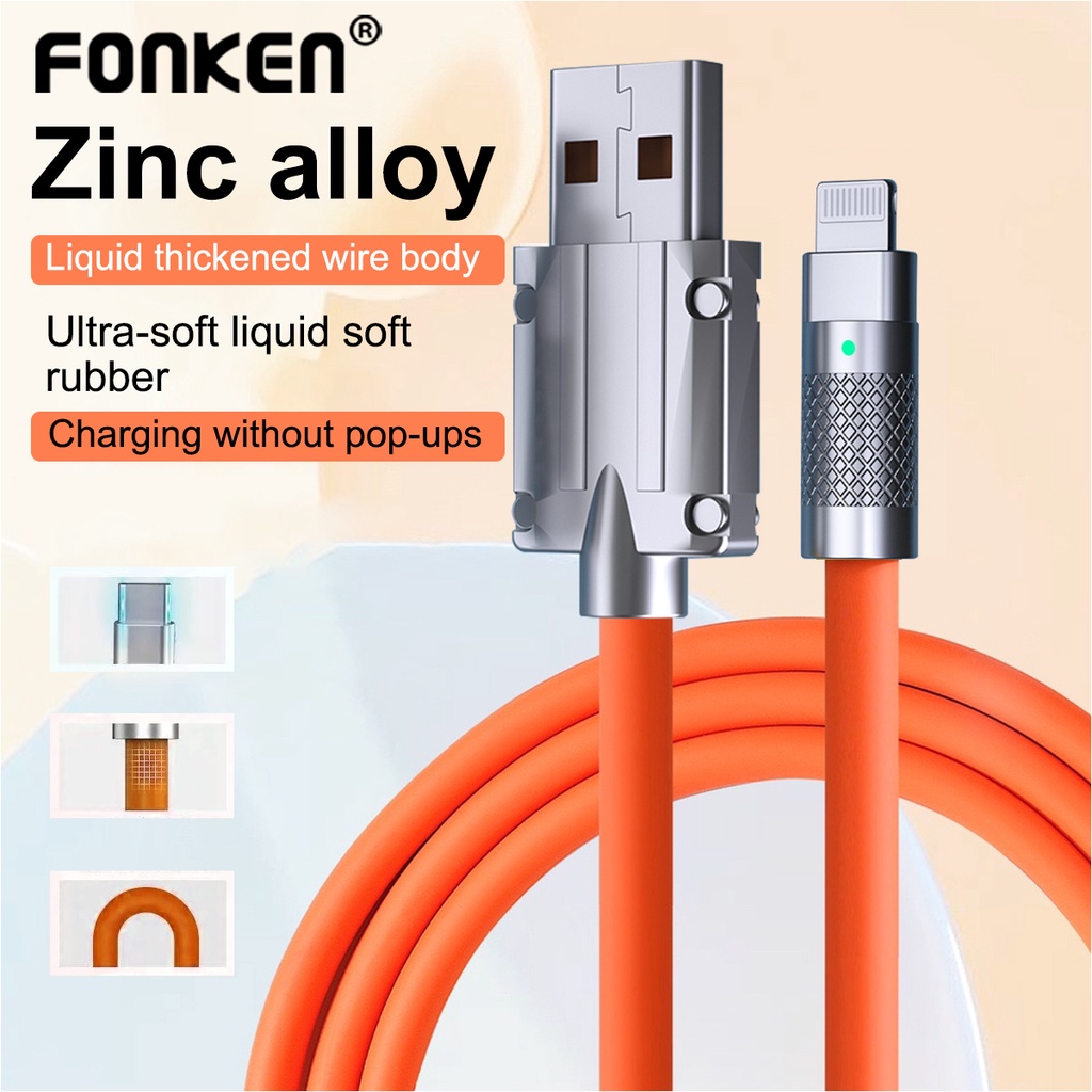 Fonken 120W 6A สาย USB ซิลิโคนเหลว Micro USB Type C iOS Fast Charge สําหรับ iPh Samsung Data Cord