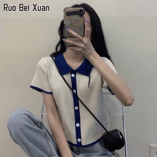 RUO BEI XUAN เสื้อสตรีเวอร์ชั่นเกาหลีของใหม่สไตล์กระโหลกสั้นถักคาร์ดิแกนแขนสั้นเสื้อยืด