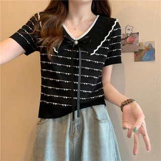 Lune_Grace 67209#พร้อมส่ง เสื้อถักไหมพรมลายทางแขนสั้น คอปกแต่งโบว์ริบบิ้นผ้าใส่สบาย สุดน่ารัก