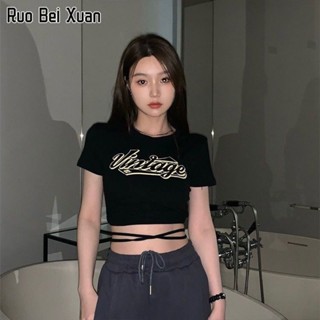 RUO BEI XAUN เสื้อยืดสตรีสไตล์เกาหลีแฟชั่นย้อนยุคพิมพ์เฉพาะเชือกผูกเปิดหน้าท้องปุ่มด้านบน