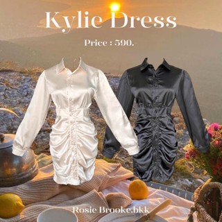 JN03 l KYLIE DRESS เดรสเอวจั๊ม ผ้าซาตินลื่น เซ็กซี่  (BLACK)