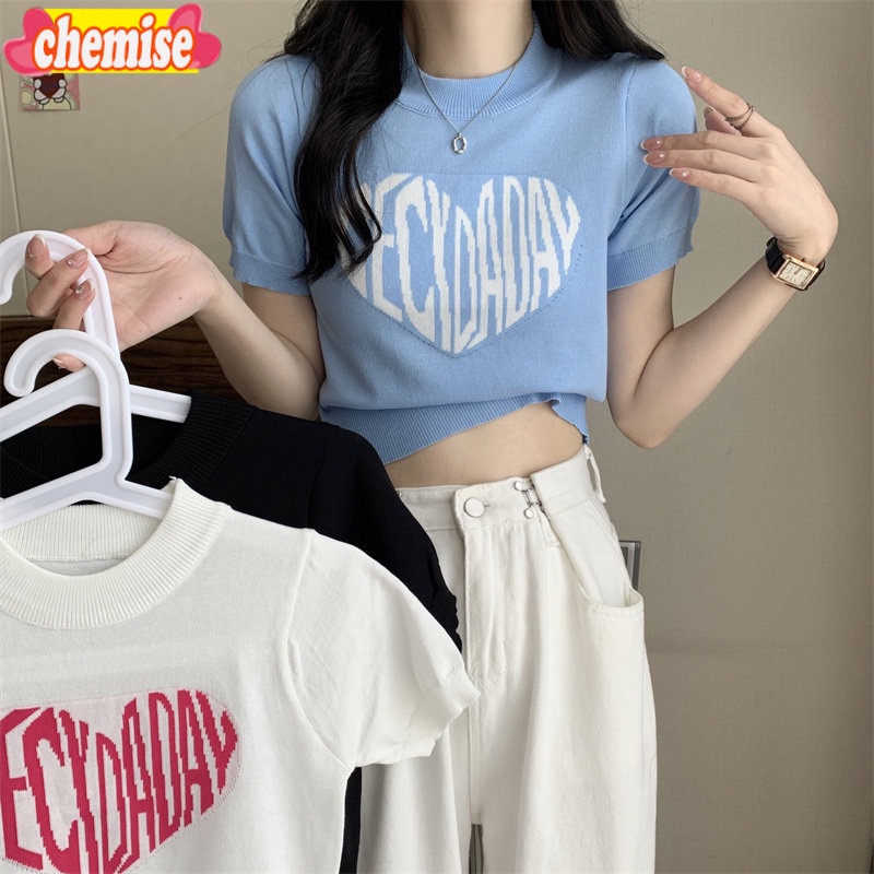 Chemisegrace 66050 พร้อมส่ง เสื้อยืดแขนสั้นไหมพรม เสื้crop topเสื้อยืดไหมพรม เสื้อครอปแขนสั้น ลายหัวใจ