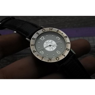 นาฬิกา Vintage มือสองญี่ปุ่น PERSON 1970 ระบบ QUARTZ ผู้ชาย ทรงกลม กรอบเงิน หน้าเทา หน้าปัด 34mm