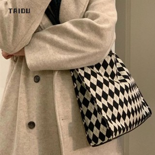 TAIDU ถุงไหล่ระดับสูงอินเทรนด์อินเทรนด์ กระเป๋าถือลายสก๊อตสีดำและสีขาวรูปสี่เหลี่ยมขนมเปียกปูน ความจุสูง, งานเดินทาง แฟชั่นและการแข่งขันทั้งหมด