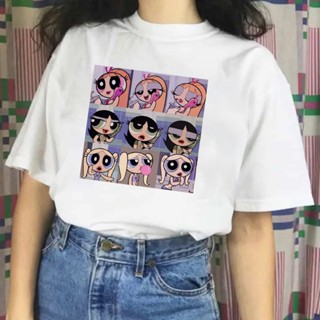 Cute The Powerpuff Girls Tops Summer Women Round Collar Tshirt Cute Cartoon White Tops New Year Tops_02