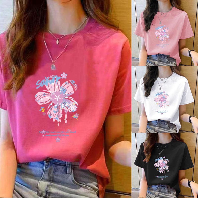 ผู้หญิงด้านบนแขนสั้นเสื้อยืดใหม่เกาหลีเสื้อยืดผู้หญิงเสื้อยืดรอบคอหลวมสีแดงด้านบนแฟชั่นผู้หญิงการ์ตูนพิมพ์เสื้อยืด