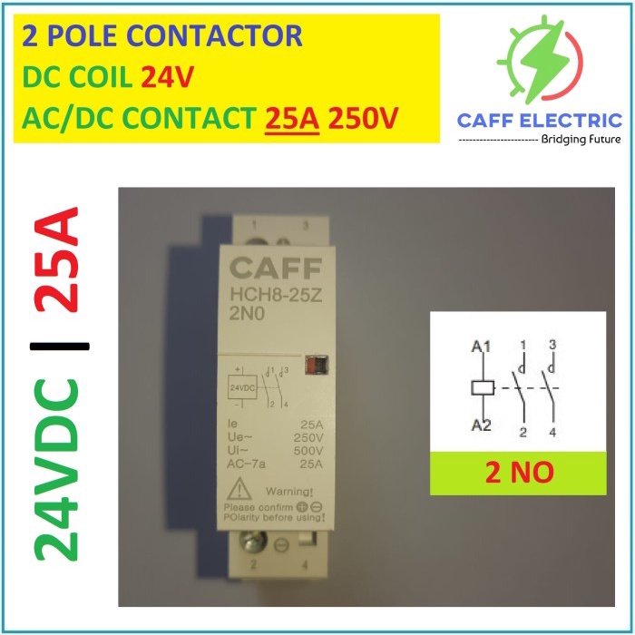 Caff DIN RAIL DC CONTACTOR 2P COIL 24VDC CONTACT DC/AC 250V 25A 2-NO NAI27