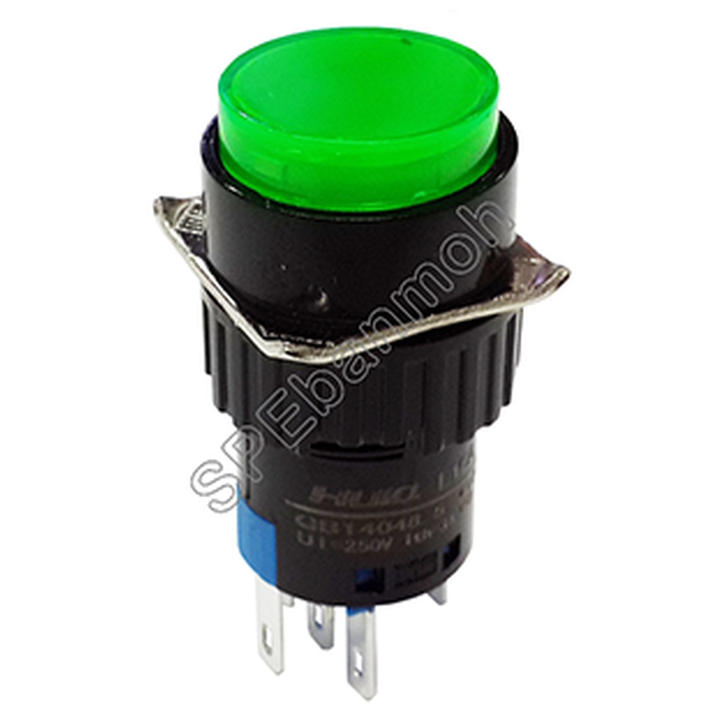 L16A-001-8P-D 220V สวิทช์กดติด-ปล่อยดับ 8ขา (Momentary) ∅16mm สีเขียว