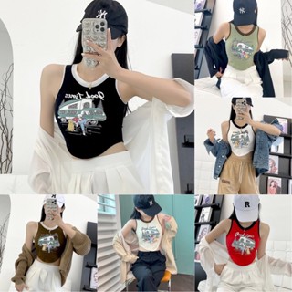 FK🍒พร้อมส่ง🍒 เสื้อครอป แขนกุด สกรีนลายการ์ตูน Good Times เสริมฟองน้ำในตัว