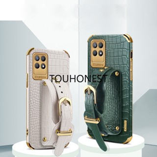 เคส Oppo Realme C30 เคส Realme Narzo 50i Prime เคส Realme V25 เคส Realme V13 Case Realme 8i Case Realme 8 Pro Casing Luxury Shockproof Softcase Crocodile Pattern Leather Wrist Strap Phone Case โทรศัพท์มือถือหนังนิ่ม กันกระแทก ลายหนังจระเข้