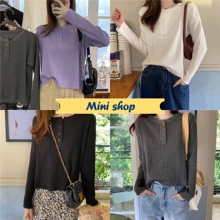 Mini shop🌸พร้อมส่ง🌸(9128) เสื้อไหมพรมแขนยาว กระดุมด้านหน้า ผ้าร่องใส่สบาย