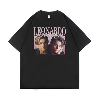 เสื้อยืด ขนาดใหญ่ พิมพ์ลาย  Leonardo Di Caprio | สีดํา | เสื้อยืด ขนาดใหญ่ | สไตล์วินเทจ | เสื้อท็อปสามารถ