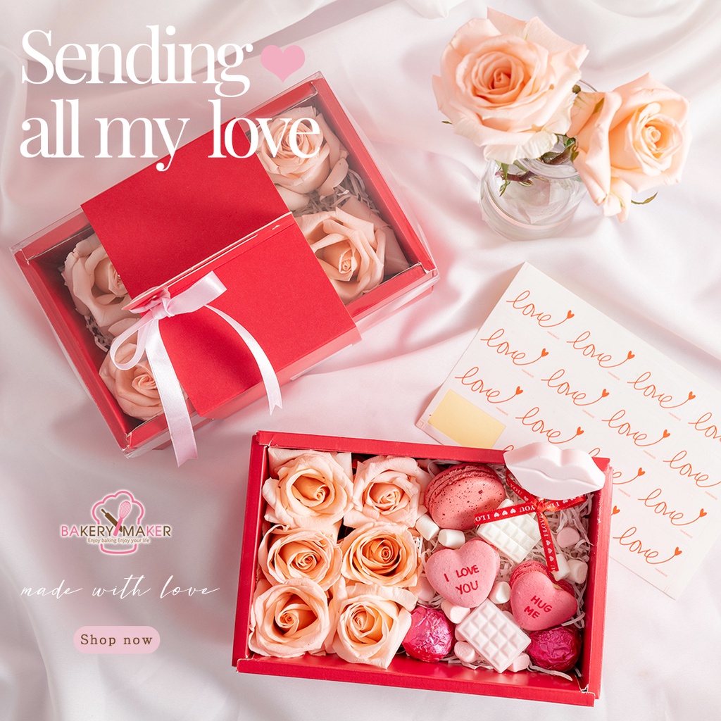 กล่องฝาใส พร้อมหูหิ้ว 5 ใบ สีแดง-เหลือง / กล่องใส่เค้กส้ม 2 ลูก กล่องดอกไม้ ผลไม้ Gift set Valentine ลูกฟูก
