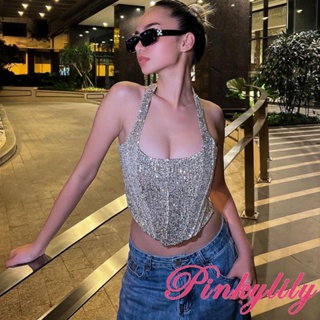 Pink- เสื้อครอปแขนกุด ประดับเลื่อม เปิดหลัง แฟชั่นฤดูร้อน สําหรับผู้หญิง ใส่ไปคลับ