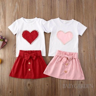 Babygarden-1-5 ปี ชุดเสื้อยืด แขนสั้น ประดับโบว์ ไข่มุก หัวใจ และกระโปรงกระดุม สําหรับเด็กผู้หญิง วันวาเลนไทน์