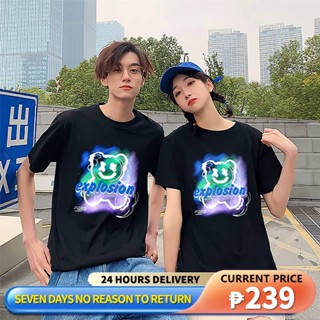 couple t shirt luminous bear print summer casual cool 180g cotton round neck neutral black tops_02