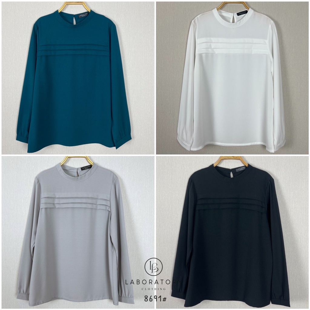 *Laboratory* เสื้อ 8691# เสื้อแต่งแถบอก สีพื้น แขนยาว มีกระดุมปลายแขน