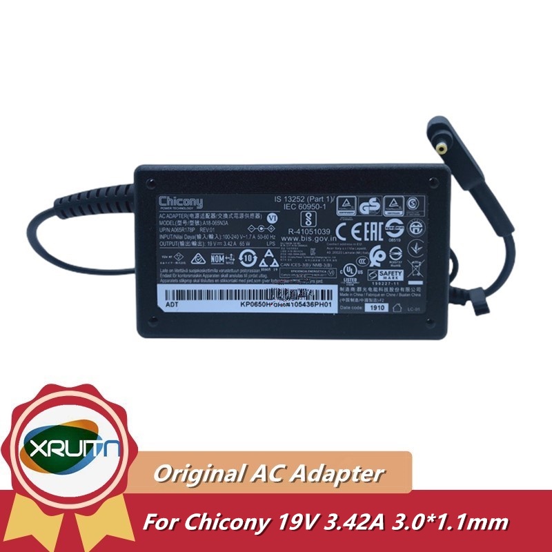 Original Chicony A18-065N3A 19V 3.42A 65W 3.0x1.0 มม.A065R178P AC อะแดปเตอร์แล็ปท็อปสําหรับ Aspire A