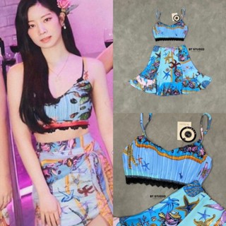 เซท 2 ชิ้น เสื้อครอปสายเดี่ยวช่วงอกแต่งผ้าจับจีบอัดพรีท พิมพ์ลาย