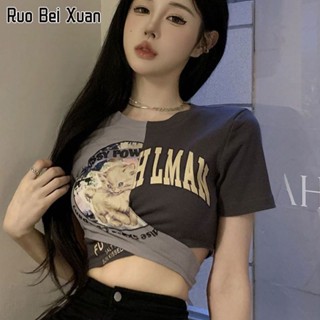 RUO BEI XUAN เสื้อยืดสตรีสไตล์เกาหลีทรงหลวมแฟชั่นสลิมเสื้อครอป