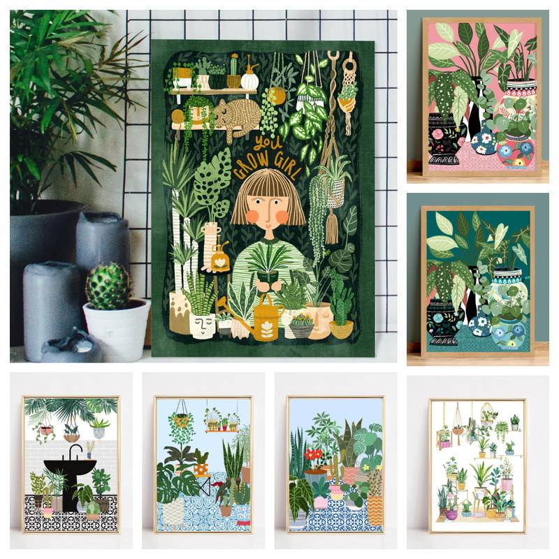 บ้านกระเบื้องกรีกพืชสีเขียว Wall Art ภาพวาดผ้าใบโปสเตอร์ตกแต่งบ้าน Boho cat Decor ภาพน่ารัก