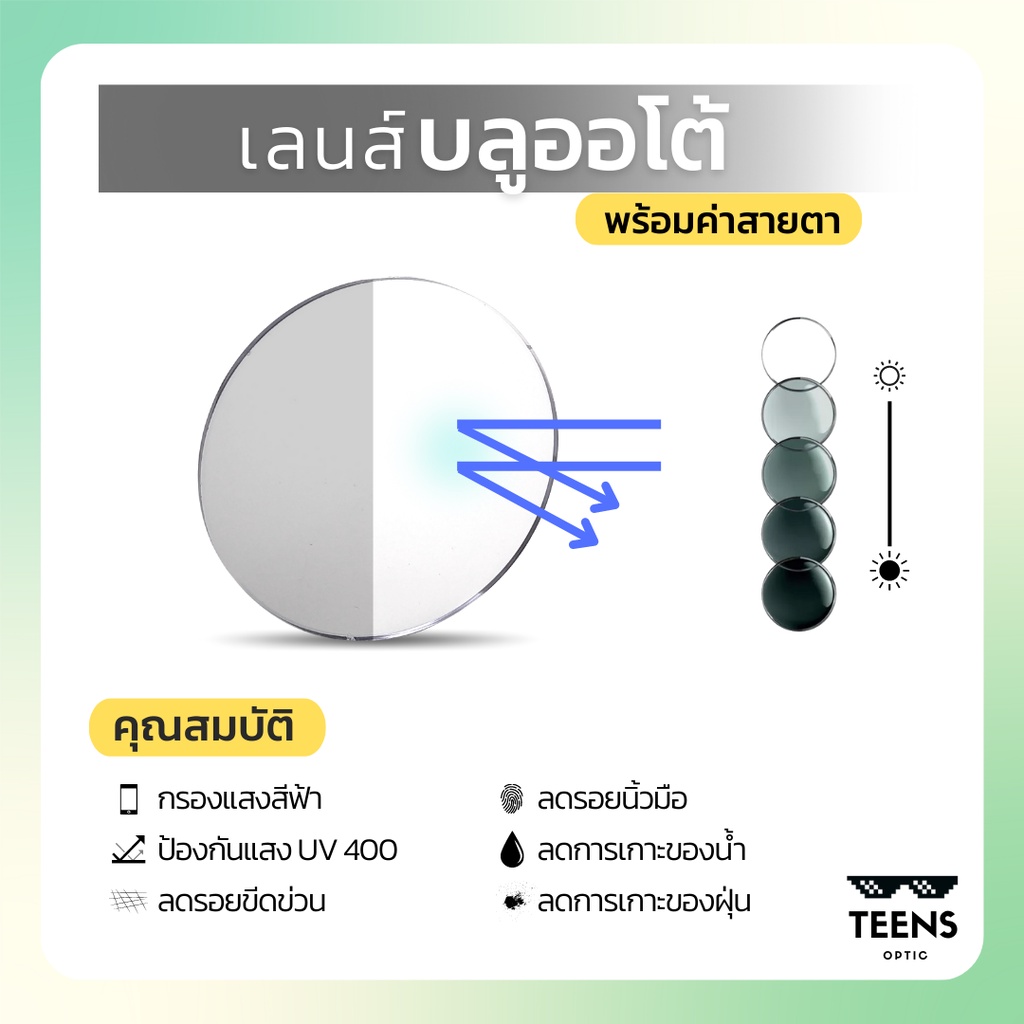 เลนส์สายตา บลูออโต้ เลนส์ปรับแสงพร้อมกรองแสงสีฟ้า เลนส์ออกแดดเปลี่ยนสี Auto blue Lens Transition