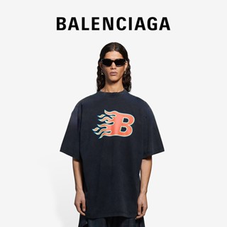 เสื้อยืด พิมพ์ลายเปลวไฟ Balenciagas ทรงหลวม สไตล์เรโทร สําหรับผู้ชาย และผู้หญิง_11