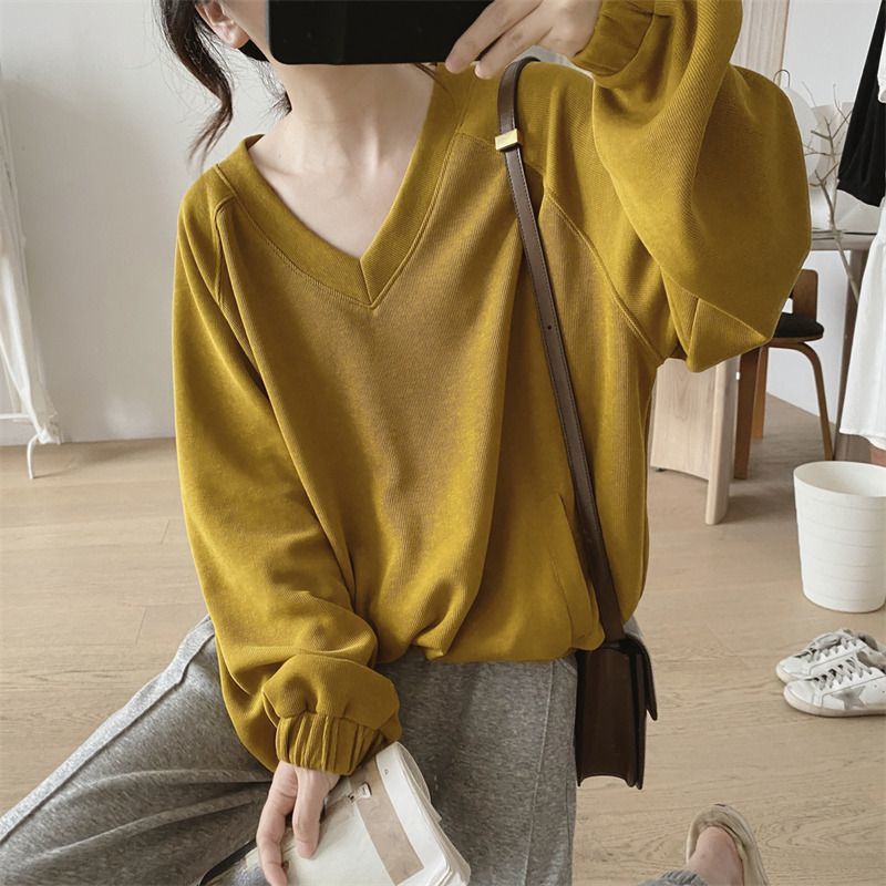 【Plus Size】เสื้อยืดคอวี แขนยาว ทรงหลวม โอเวอร์ไซซ์ สไตล์มินิมอล พลัสไซซ์ สําหรับผู้หญิง (40-150 กก.)