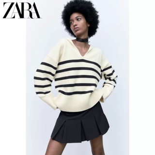 ZARA เสื้อกันหนาวแขนยาว คอปกโปโล ผ้าถัก ลายทาง แฟชั่นฤดูใบไม้ร่วง สําหรับผู้หญิง 5536128 080