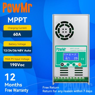 【พัดลมระบายความร้อนอัตโนมัติ】PowMr Mppt 60A ตัวควบคุมการเก็บประจุพลังงานแสงอาทิตย์ 12V 24V 36V 48V Max PV 190 VDC รองรับแบตเตอรี่ Lead Acid Lifepo4 รับประกันฟรีหนึ่งปี