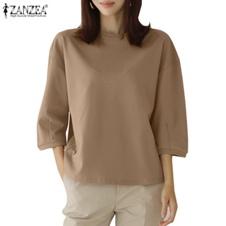 Zanzea เสื้อยืดลําลอง คอกลม แขน 3/4 สีพื้น สําหรับสตรี