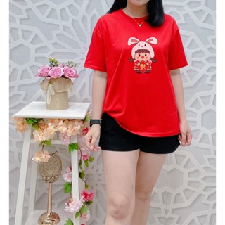 [S-5XL]ผ้าฝ้าย 100% เสื้อยืดแขนสั้น พิมพ์ลาย RABBIT LUCKY GIRL สไตล์จีนน่ารัก สําหรับผู้หญิง และผู้ชาย