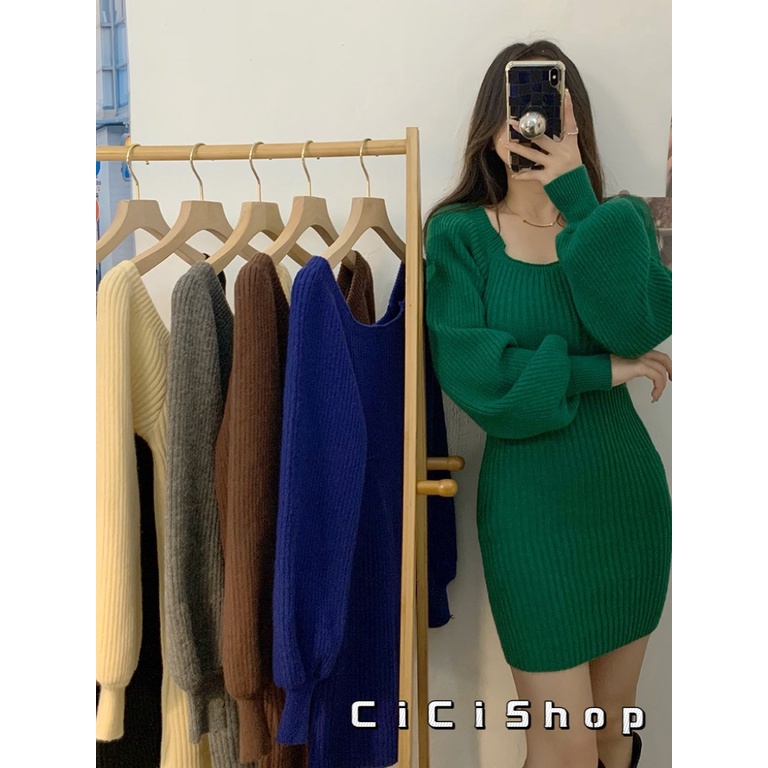 Cicishop(20CX12)เดรสไหมพรมแขนยาวดีไซน์แขนพอง