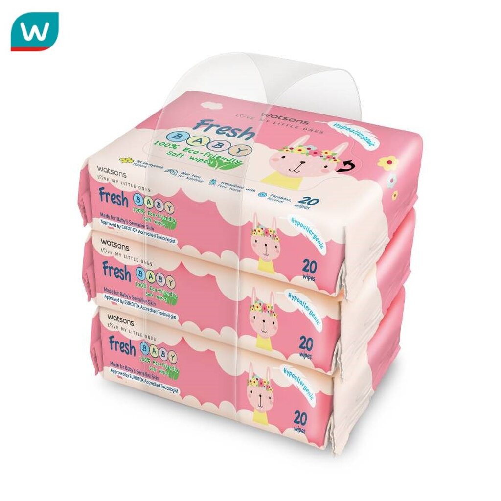 Watsons วัตสัน เฟรช เบบี้ 100 อีโค่-เฟรนด์ลี่ ซอฟท์ ไวพ์ 20แผ่น x 3แพ็ค.
