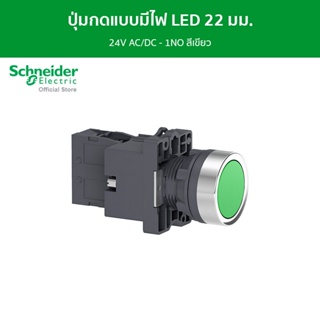 Schneider ปุ่มกดแบบมีไฟ LED Ø22 มม. - 24V AC/DC - 1NO สีเขียว รหัส XA2EW33B1