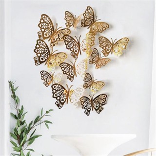 【AG】12Pcs Hollow 3D Butterfly Wall Sticker Decal Living Room Cafe Bedroom Decor