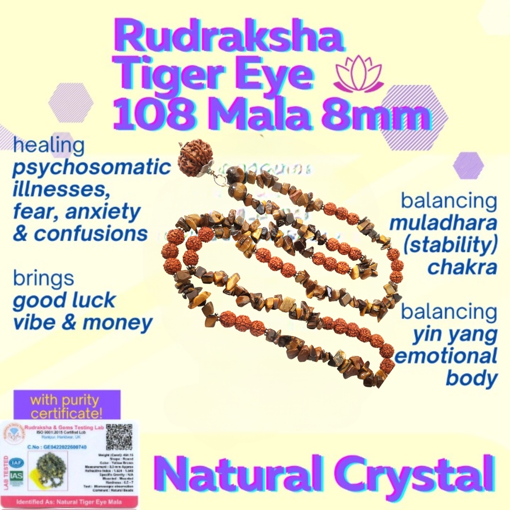 Rudraksha Tiger Eye 108 Mala/Mlai (8mm)(Unisex) พร้อมใบรับรองทดสอบ Lab