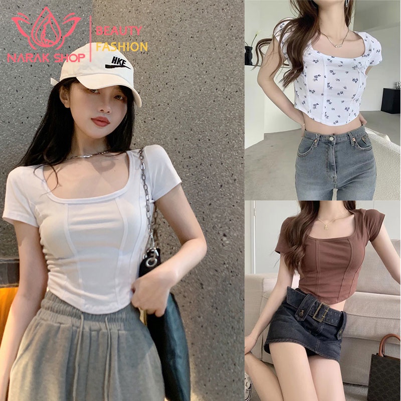 เสื้อครอปแขนสั้นพิมพ์ลายดอกไม้ สไตล์สาวเกาหลี