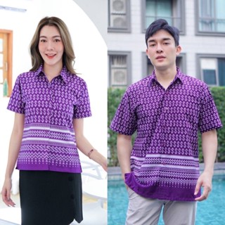 เสื้อเชิ้ตลายตะขอสีม่วง ชาย หญิง