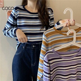 Coco~เสื้อยืด เสื้อยืดถัก แขนยาวลาย สไตล์สบาย ๆ หลวม ๆ  แฟชั่นชุดเกาหลี