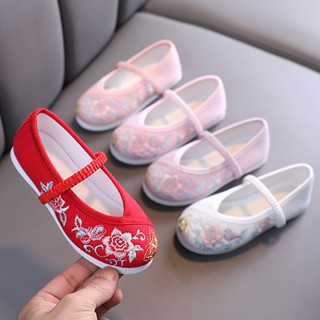รองเท้า ส้นแบน ปักลายดอกไม้ สีแดง สไตล์จีน แฟชั่นฮั่นฝู สําหรับเด็ก