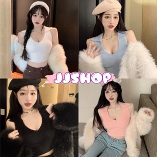 JJ shop 💜พร้อมส่ง เสื้อกล้ามคอวี คอปกไหมพรม ขนมุ้งมิ้งสีสวยมาก "93002" -N